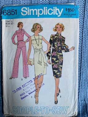 Simplicity 6851 pattern dress puff sleeve blouse wide leg pant 1970s size 14